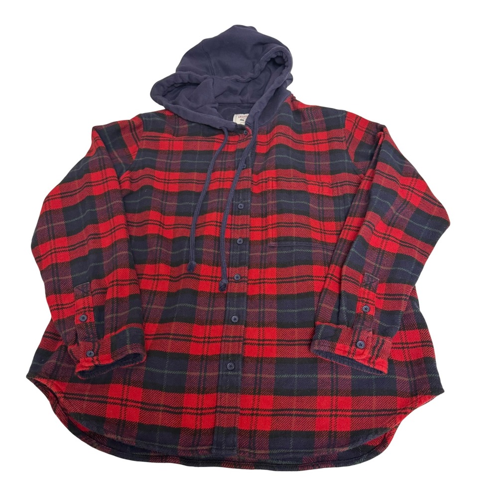 American Eagle Hooded Flannel Shirt Mens Small Red Blue Plaid‎ Button Up Hoodie